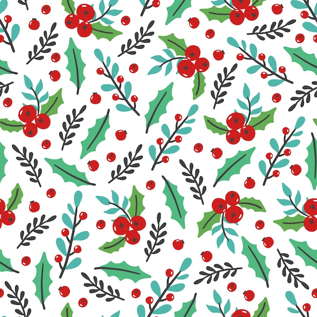 Patrón transparente floral de Navidad con flores, hojas, bayas.