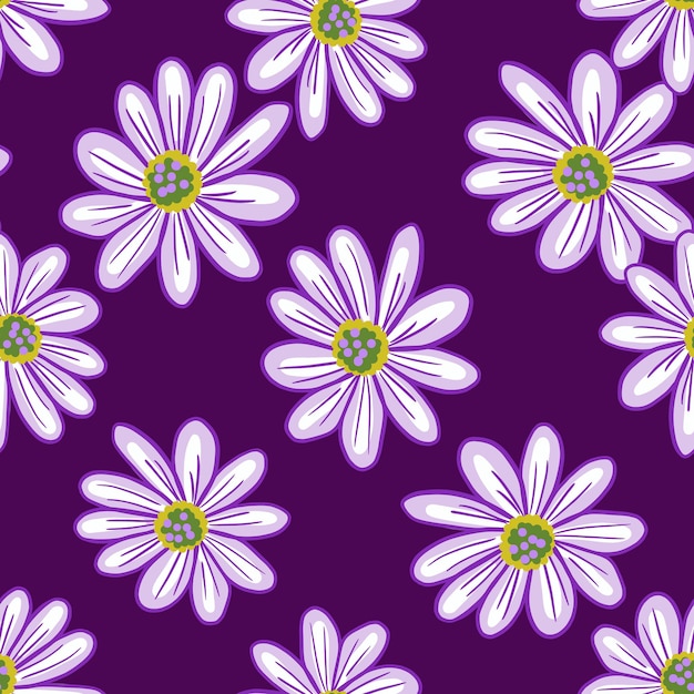 Patrón transparente floral simple con formas de flores de margarita contorneadas. Fondo morado. Telón de fondo natural. Ilustración de stock. Diseño vectorial para textiles, telas, papel de regalo, papeles pintados.
