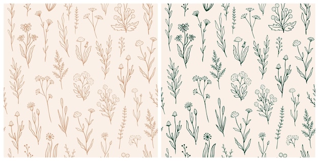 Patrón transparente de flores silvestres con contorno floral. Colección de diseño de estampado de estilo retro con flores dibujadas a mano en colores rústicos. Patrones florales de campo simple para papel tapiz, embalaje, diseño de telas