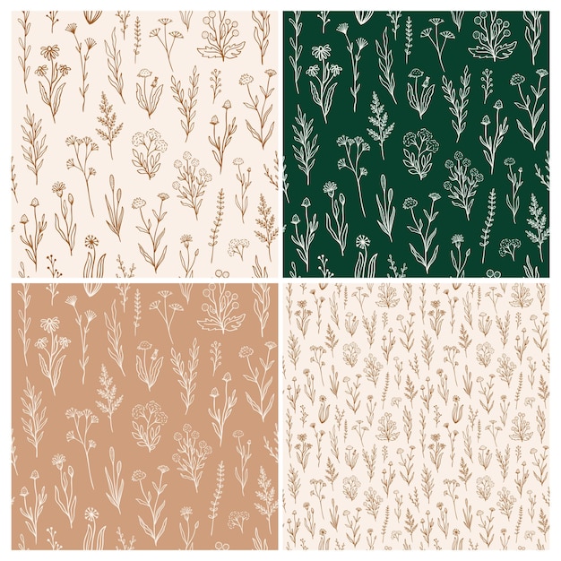 Patrón transparente de flores silvestres con contorno floral. Colección de diseño de estampado de estilo retro con flores dibujadas a mano en colores rústicos. Patrones florales de campo simple para papel tapiz, embalaje, diseño de telas