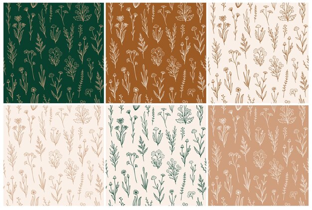 Patrón transparente de flores silvestres con contorno floral. Colección de diseño de estampado de estilo retro con flores dibujadas a mano en colores rústicos. Patrones florales de campo simple para papel tapiz, embalaje, diseño de telas