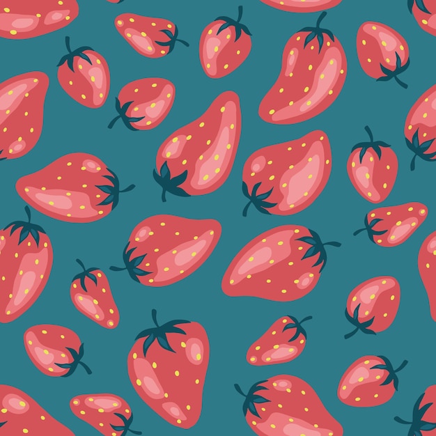 Patrón transparente de fresas brillantes de dibujos animados fondo vectorial de bayas orgánicas frescas de granja utilizadas para páginas web de portada de menú de tarjeta de libro de revista