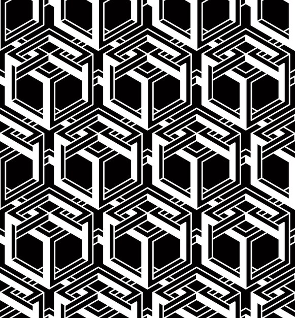 Patrón transparente geométrico abstracto ilusorio monocromo con figuras geométricas 3d. Telón de fondo rayado blanco y negro vectorial.