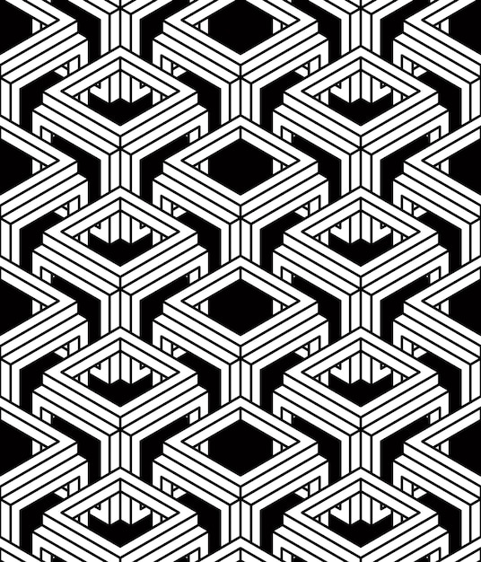 Patrón transparente geométrico abstracto ilusorio monocromo con figuras geométricas 3d. Telón de fondo rayado blanco y negro vectorial.