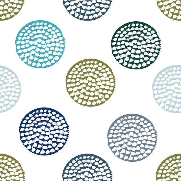 Patrón transparente geométrico azul, verde con lunares grunge sobre fondo blanco. Círculos texturizados