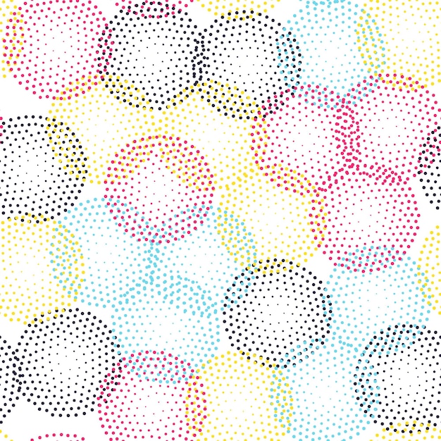 Patrón transparente geométrico universal de color en estilo puntillismo. La textura de círculo vectorial sin fin se puede utilizar para envolver papel tapiz, rellenos de patrón, fondo web, texturas superficiales, ropa