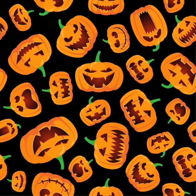 Vector patrón transparente de halloween con calabazas aterradoras brillantes talladas en naranja feliz jack lantern