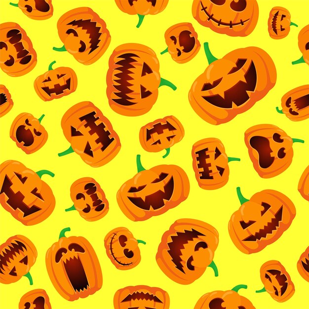 Vector patrón transparente de halloween con calabazas aterradoras brillantes talladas en naranja feliz jack lantern