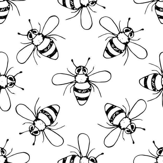 Patrón transparente Handdrawn doodle abeja icono. Boceto de abeja negra dibujada a mano. Símbolo de signo. Elemento de decoración. Fondo blanco. Aislado. Diseño plano. Ilustración vectorial.
