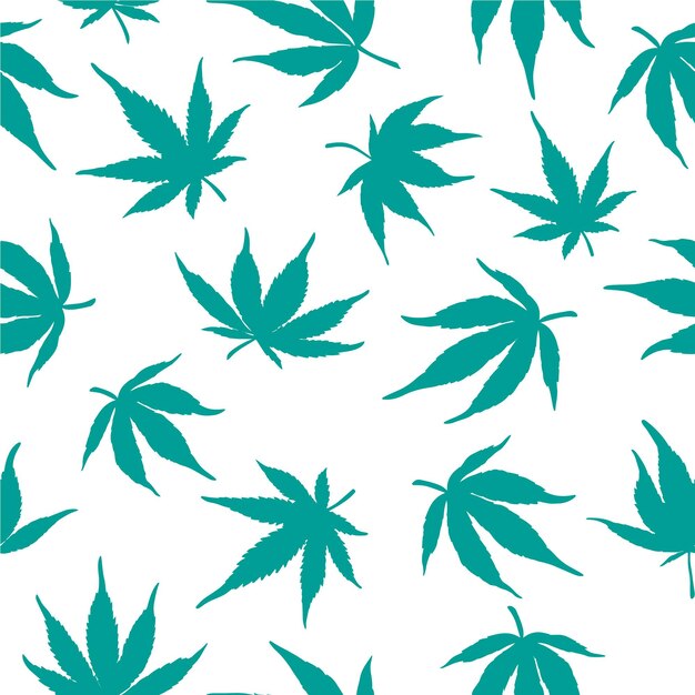 Patrón transparente de hojas de cannabis azul sobre un fondo blanco. ilustración vectorial