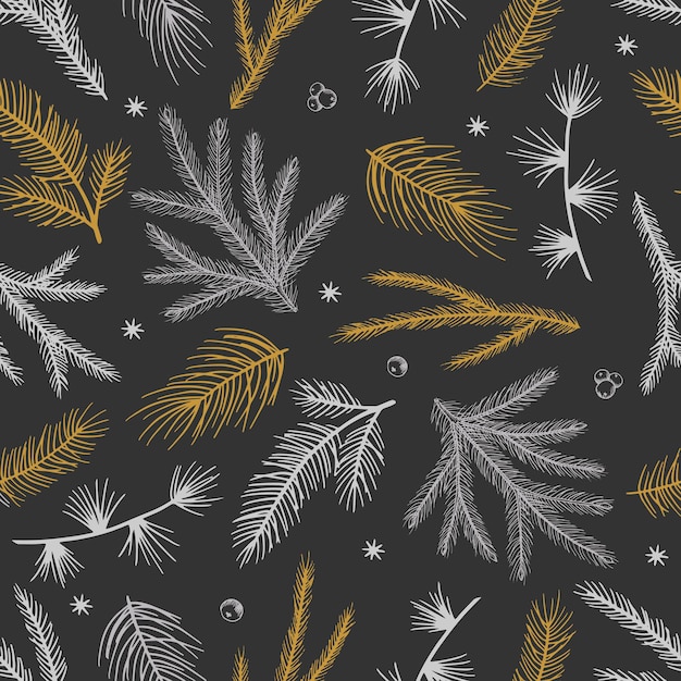 Patrón transparente de invierno floral dibujado a mano con ramas de árboles de Navidad y bayas Fondo de ilustración vectorial