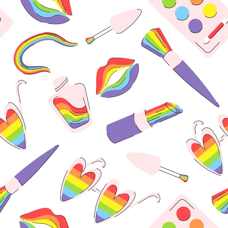 Vector patrón transparente lgbt con cosméticos en colores de orgullo fondo de papel de regalo con concepción lgbt ilustración vectorial en estilo de dibujos animados de garabato plano