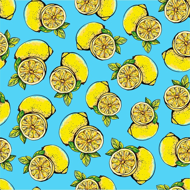 patrón transparente con limones amarillos, enteros y en rodajas. ilustración vectorial