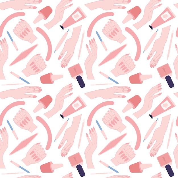 Patrón transparente de manicura vectorial en tonos nude Herramientas de manicura de estilo plano y patrón de manos de mujer