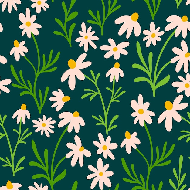 Patrón transparente de manzanilla y margarita. Diseño de estampado de flores silvestres con flores dibujadas a mano sobre fondo oscuro. Patrón floral de campo simple para embalaje, diseño de tela. Adorno de hierbas de flor.