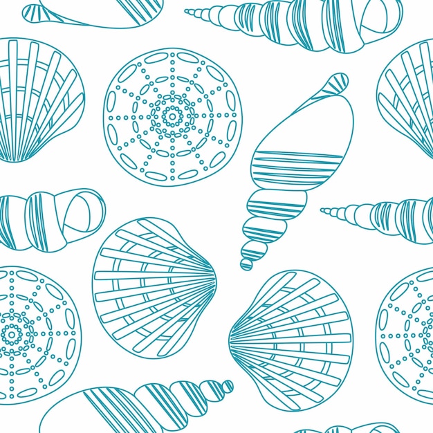 Patrón transparente marino vectorial con conchas marinas sobre fondo blanco