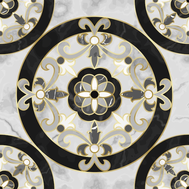 Vector patrón transparente de mármol con medallón floral repita la composición de marmoleado con elementos dorados