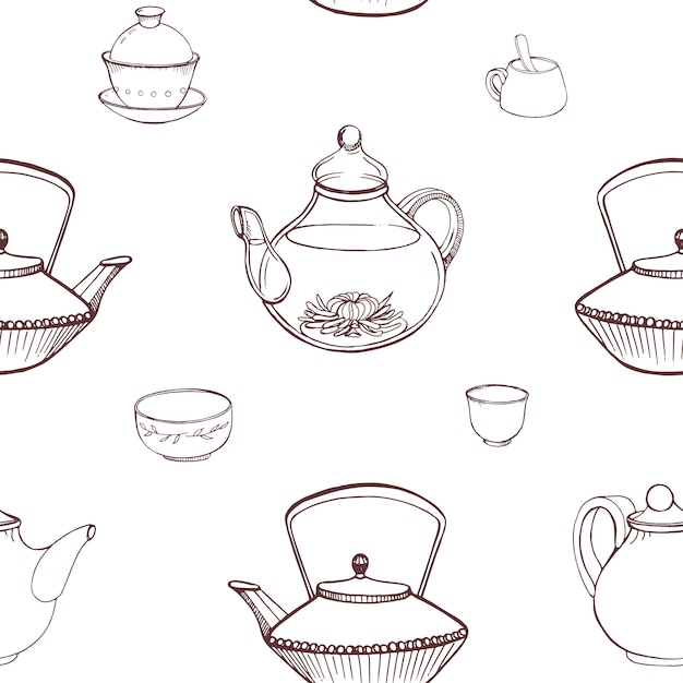 Patrón transparente monocromo elegante con herramientas tradicionales de ceremonia del té japonés dibujado a mano con líneas de contorno sobre fondo blanco - tetera, tazas o cuencos, tetera Tetsubin. ilustración.