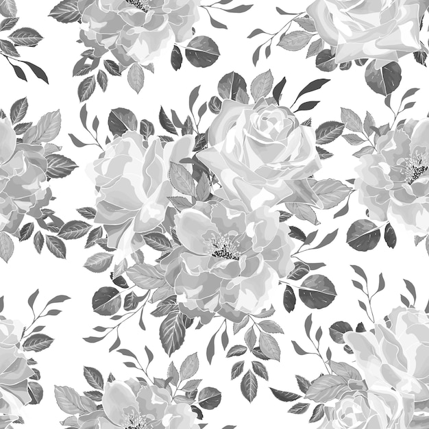 Patrón transparente monocromo floral gris con flores rosa