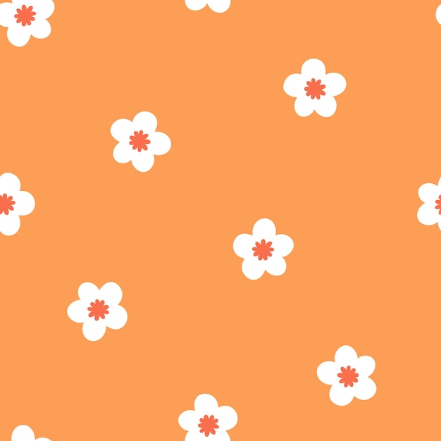 Patrón transparente naranja con flores de cerezo blanco