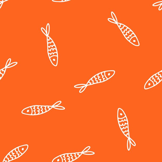 Patrón transparente naranja con pescado de contorno blanco