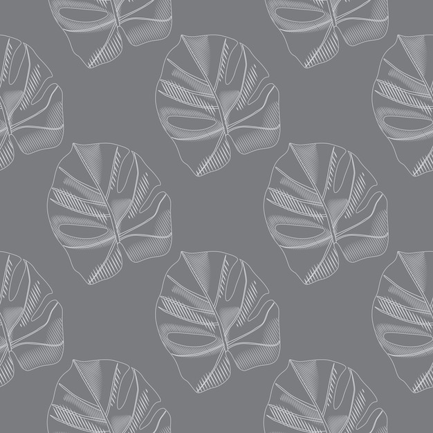 Patrón transparente pálido con siluetas de hojas de monstera doodle. Siluetas de follaje botánico simple.