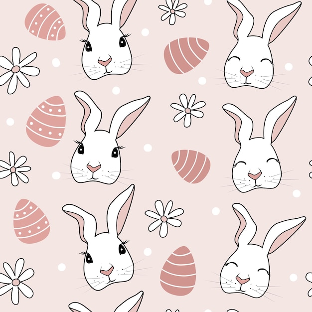 patrón transparente de pascua con conejitos blancos, flores de margarita y huevos de pascua