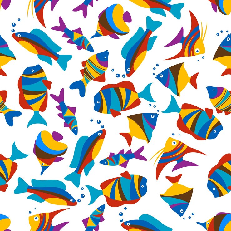 Vector patrón transparente de peces exóticos coloridos brillantes
