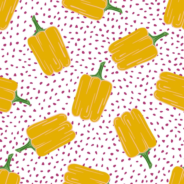 Patrón transparente de pimiento amarillo creativo sobre fondo de puntos. Papel pintado dibujado a mano de pimienta. Diseño para tela, estampado textil, papel de regalo, textil, menú de restaurante. Ilustración vectorial