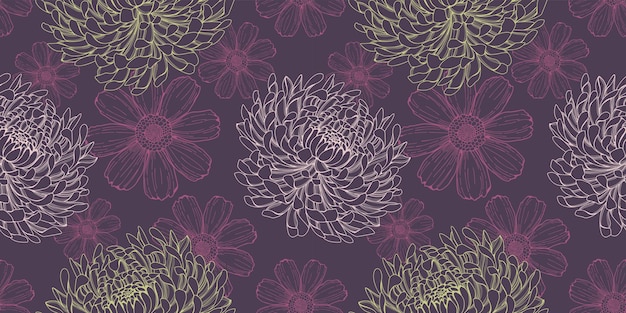 Patrón transparente púrpura floral con flores de crisantemo y cosmos