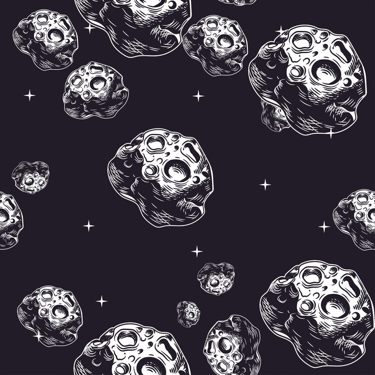 Un patrón transparente que representa asteroides volando en el espacio.