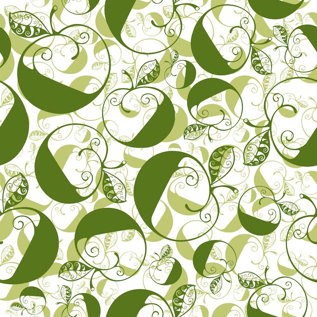 Patrón transparente rizado decorativo verde con manzanas.
