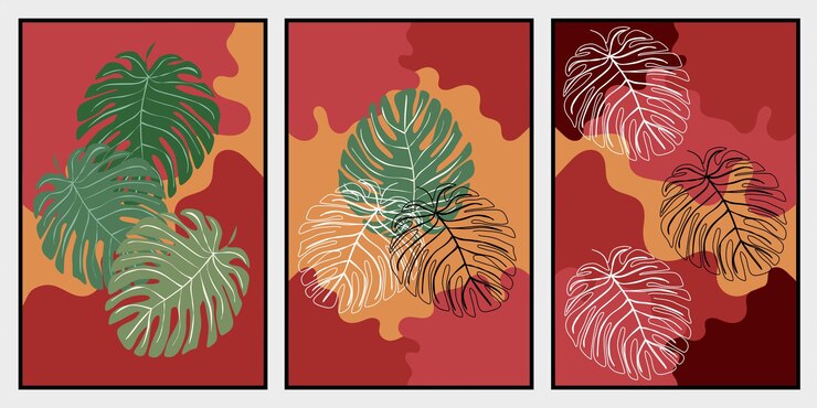 Patrón transparente rojo estético dibujado a mano como arte de pared Boho con tipo floral