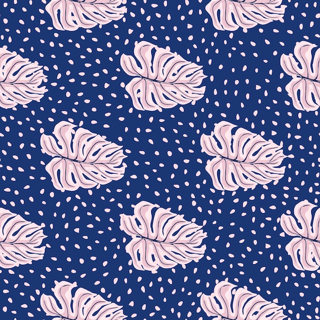 Patrón transparente de siluetas de hojas de monstera de estilo simple rosa. Fondo punteado azul marino.