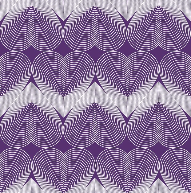 Patrón transparente simétrico brillante con corazones morados decorativos, fondo de arte. Composición sin fin de tema romántico, para uso en diseño gráfico.