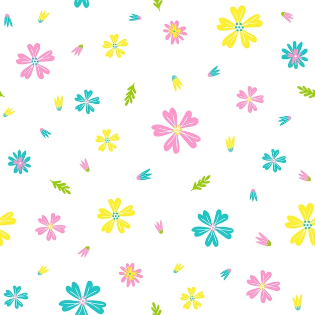 Patrón transparente simple con flores de colores dibujados a mano sobre fondo blanco Ilustración vectorial