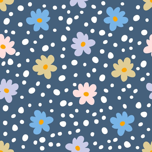 Patrón transparente simple de verano con flores multicolores y manchas Impresión estética hippie maravillosa para papel de tela Ilustración de vector de Doodle de camiseta para decoración y diseño
