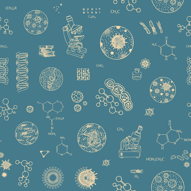 Vector patrón transparente sobre el tema de la virología, la biología, la medicina