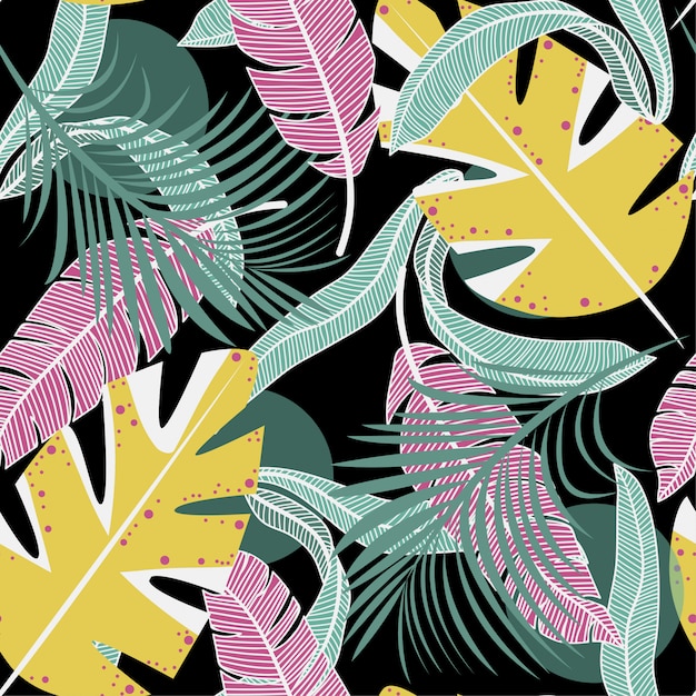 Patrón transparente de tendencia con coloridas hojas y plantas tropicales.