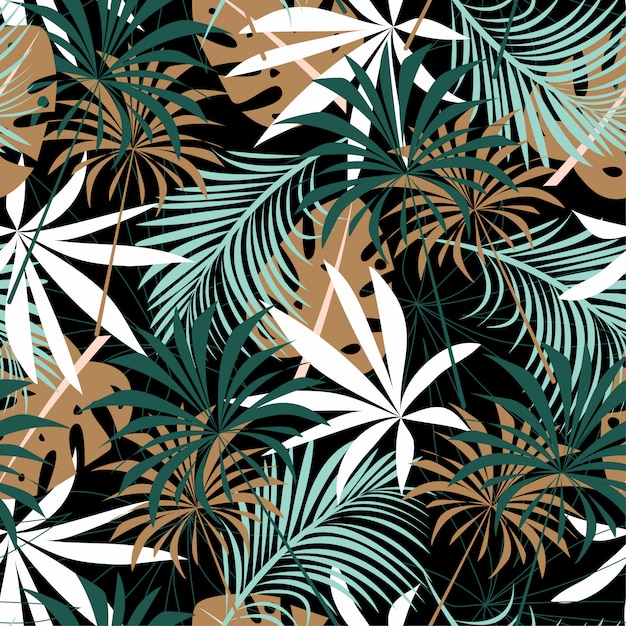 Patrón transparente de tendencia con coloridas hojas y plantas tropicales.