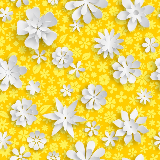 Patrón transparente con textura floral en colores amarillos y grandes flores de papel blanco con sombras suaves
