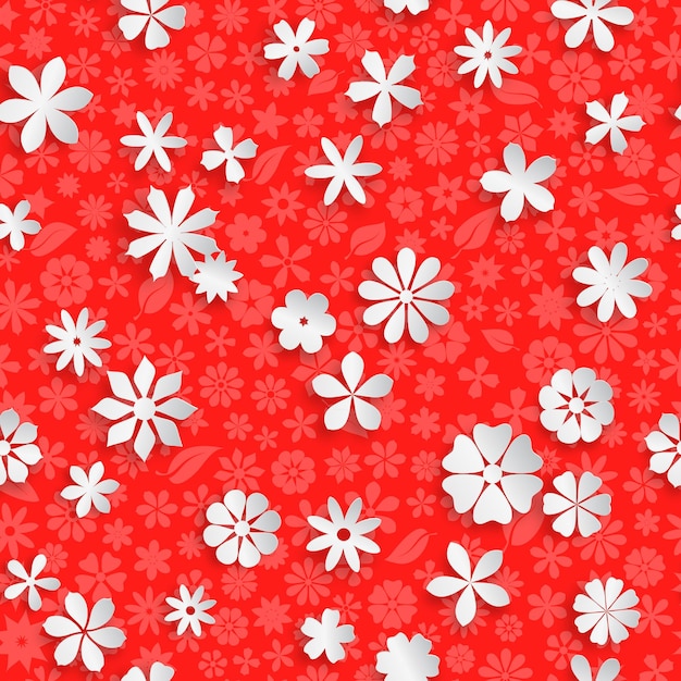 Patrón transparente con textura floral en colores rojos y grandes flores de papel blanco con sombras suaves