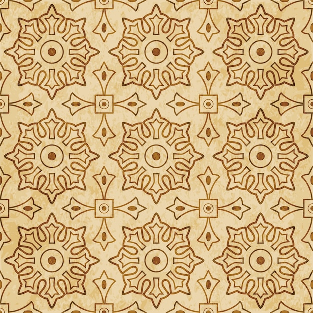 Patrón transparente con textura marrón retro, flor de geometría cuadrada de cruz redonda