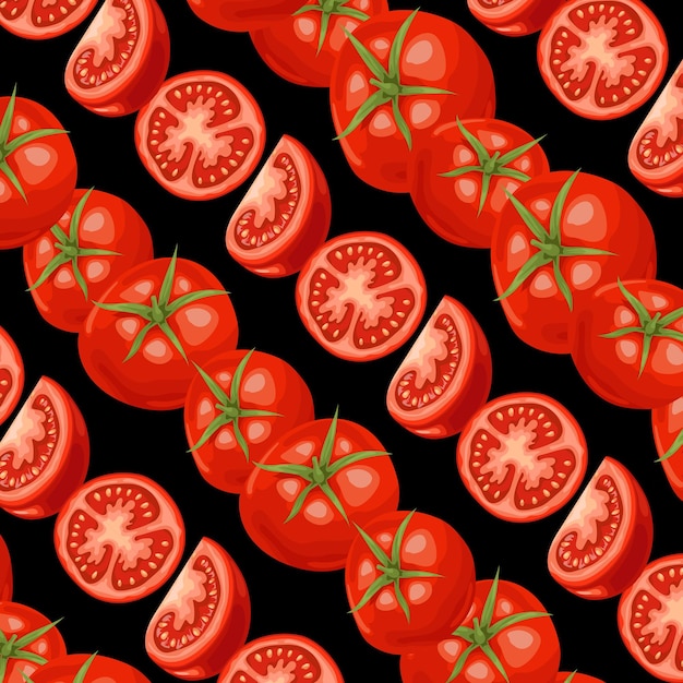 Patrón transparente de tomate vectorial Tomates aislados y trozos en rodajas Ilustración de tomates orgánicos frescos rojos maduros Fondo de comida vegetariana ecológica Producto de mercado agrícola