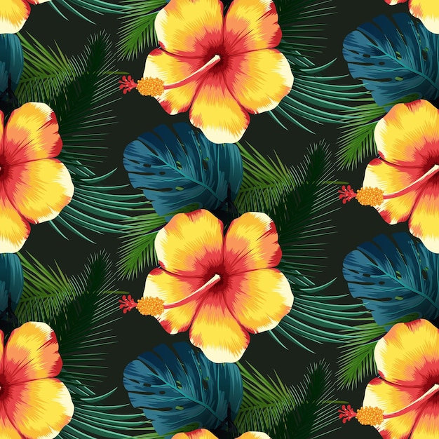 Patrón transparente tropical brillante con plantas de la selva Fondo exótico con hojas tropicales Vector