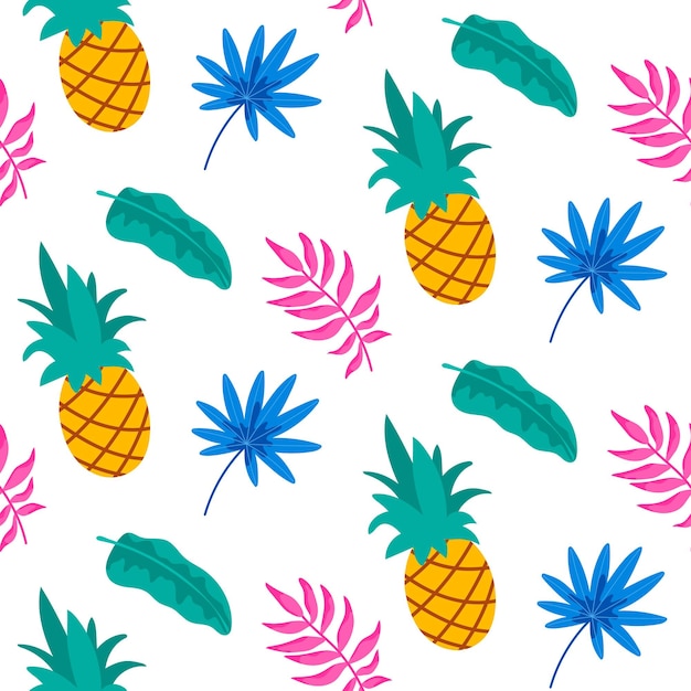 Patrón transparente tropical dibujado a mano con hojas de palmera y piña aislada