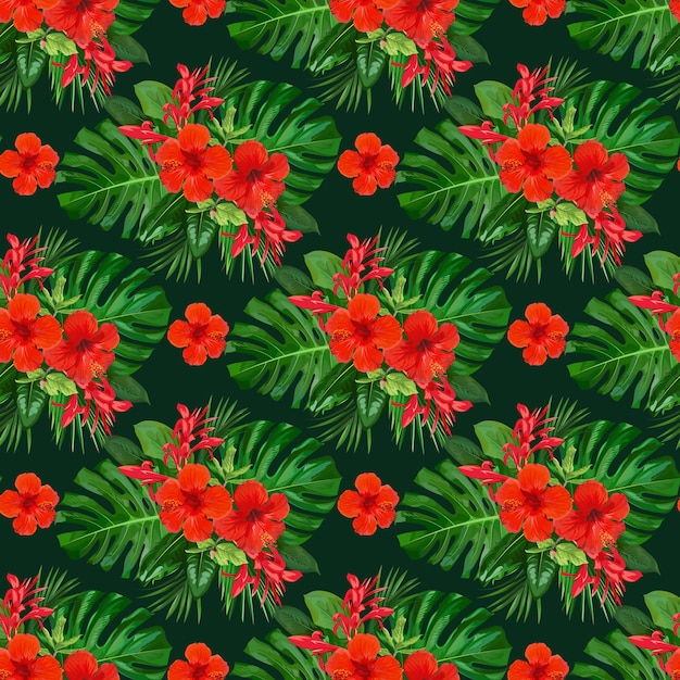 Patrón transparente tropical con flores rojas de hibiscos para diseño de papel tapiz