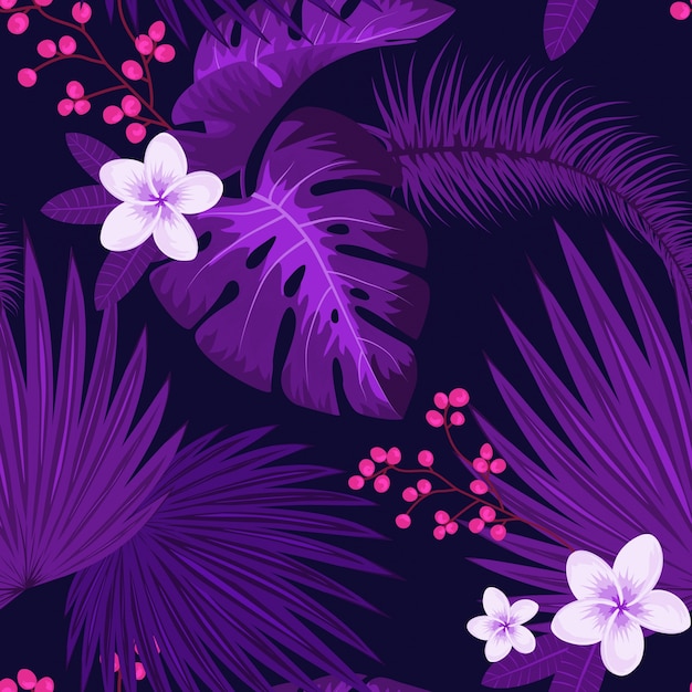 Patrón transparente ultra violeta de hojas y flores tropicales de Palma