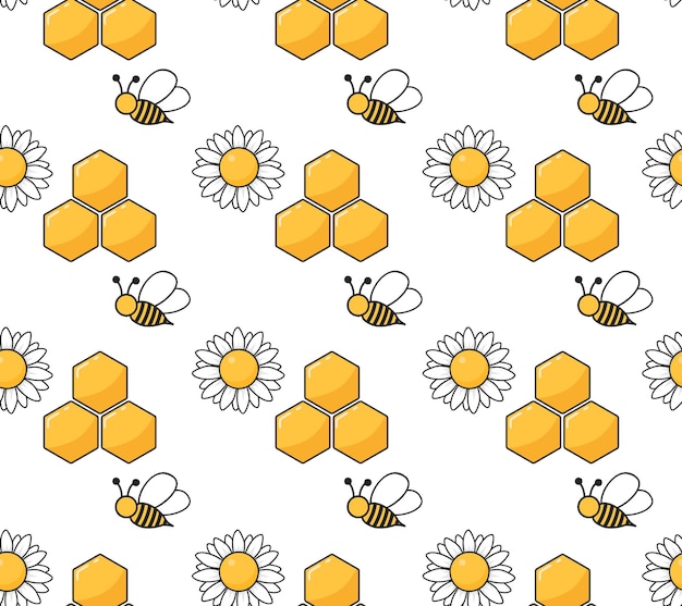 Patrón transparente de vector con abejas y flores