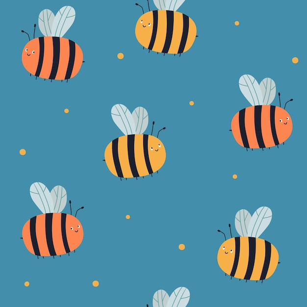 Patrón transparente de vector con abejas sobre un fondo azul patrón de verano